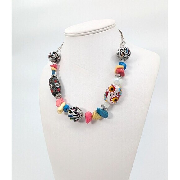 Chunky Necklace Glass Beaded Lampwork Boho Chic Eclectic Statement Piece Artsy - Picture 2 of 11